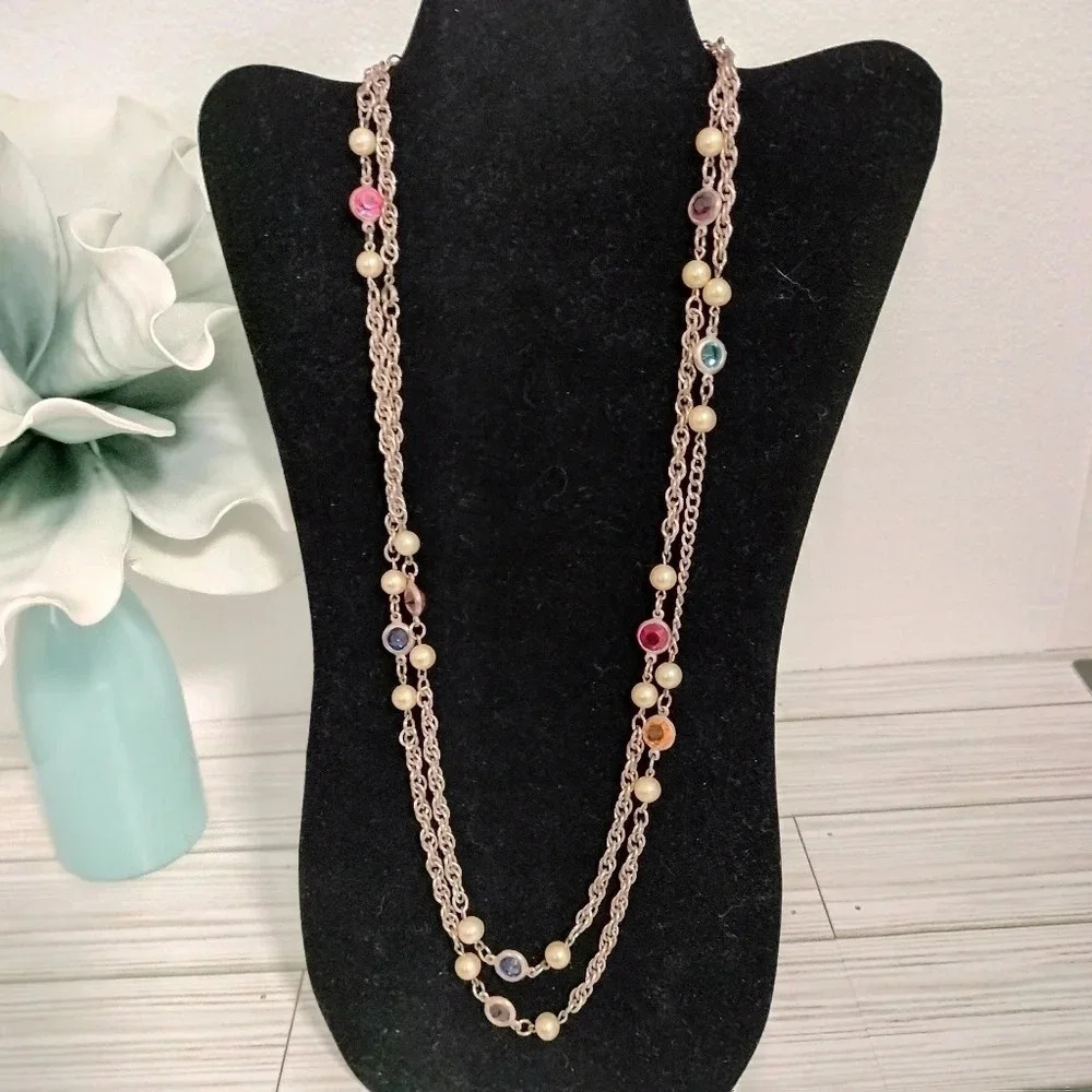 Gold Tone Fashion Multicolored Opera Style or Double Strand Necklace 27"